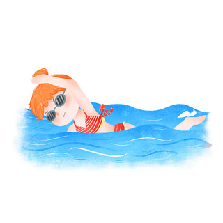 蓝色手绘卡通人物女生游泳运动元素GIF游泳元素